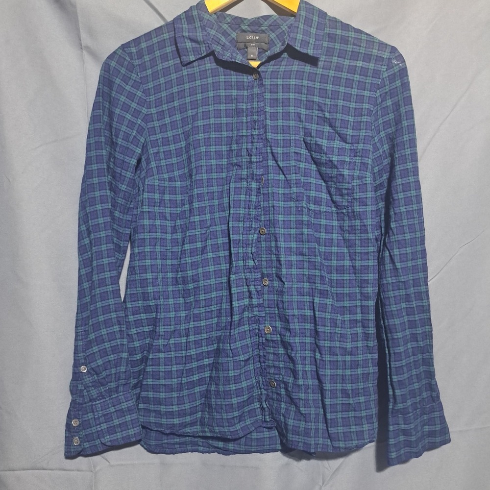 J Crew Boys Sz 6 Long Sleeve Plaid Collared Button Up Blue Green